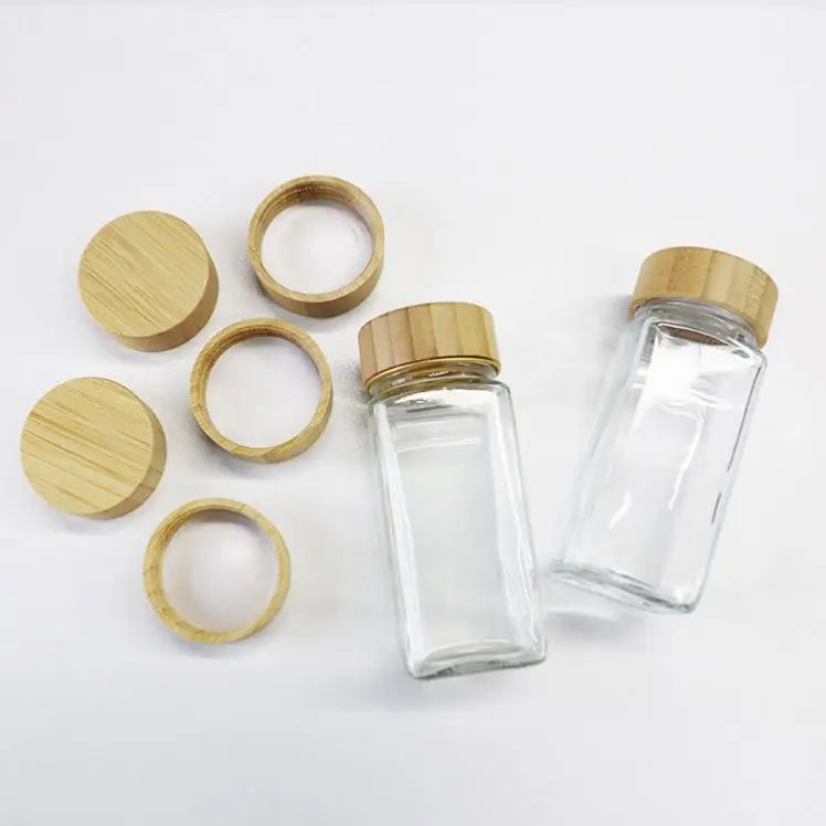 Square Perforated Cheese Shaker Set Glass Spices Shaker with Bamboo Cover for Seasoning Salt Condiments Storage Herb Spice Tools