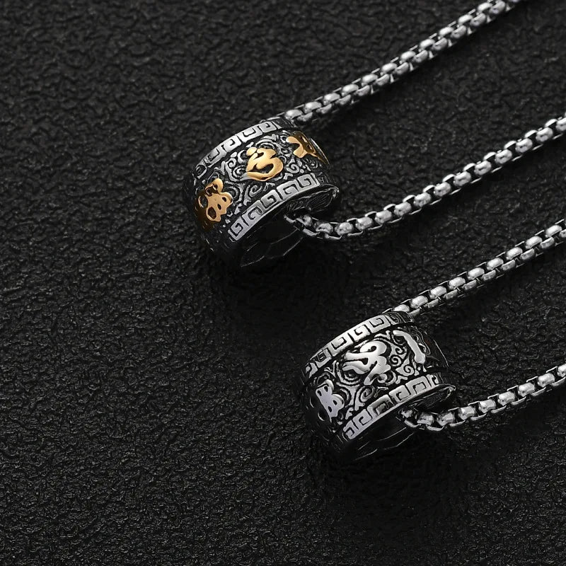 Buddhist Jewelry Titanium Steel Six Word Truth Lucky Ball Pendant Buddhist Feng Shui Men's Lucky Necklace