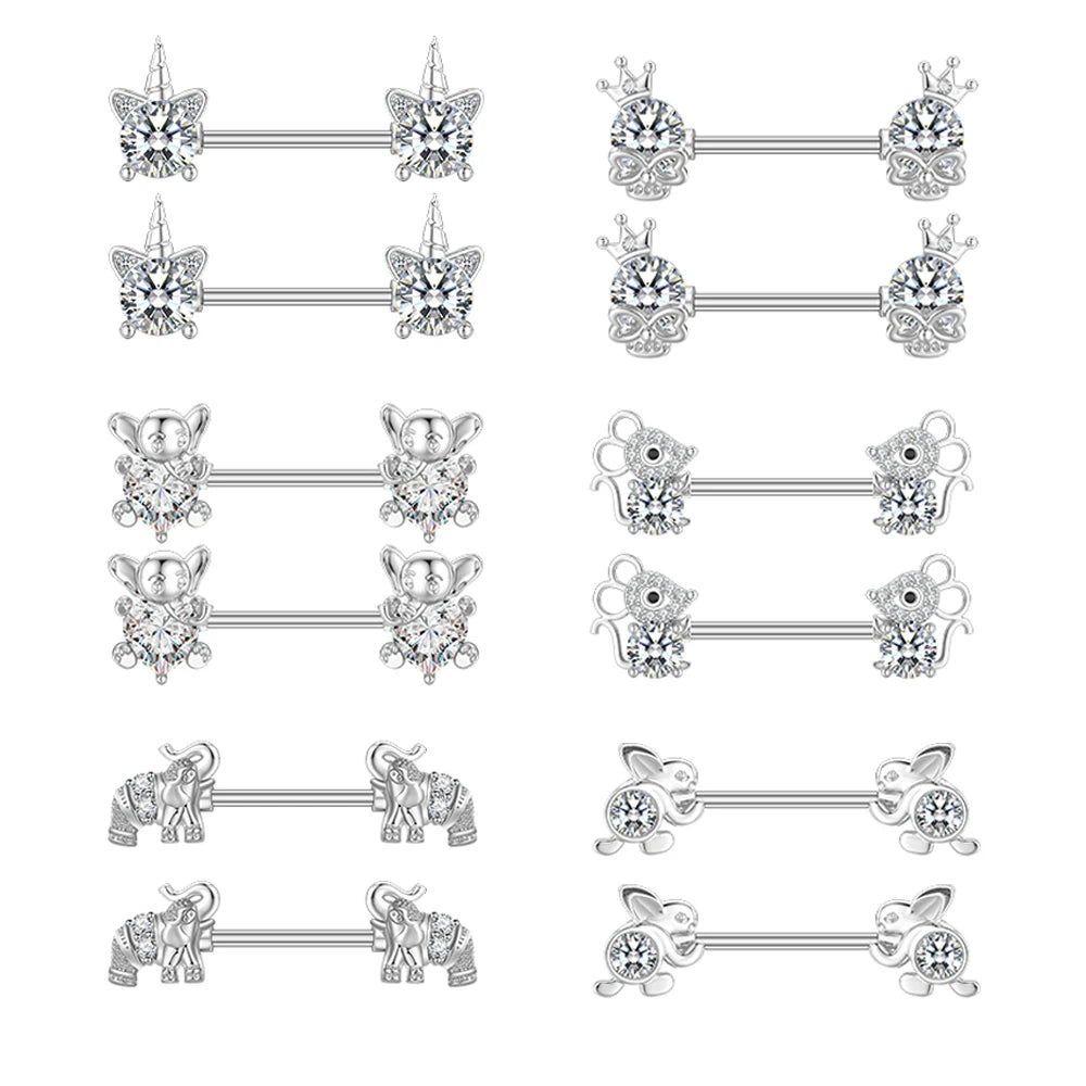 Set 5 Stainless Steel Nipple Barbell Shields Rabbit Flower Animal Heart Zircon Nipple Ring Piercing Jewelry Children's Wedding
