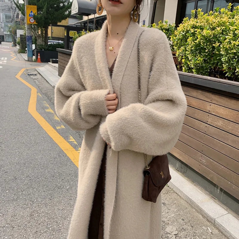 Wholesale 2026 Korean Autumn and Winter New Style Mink Cashmere Sweater Women Cardigan Over Knee Length Loose Coat