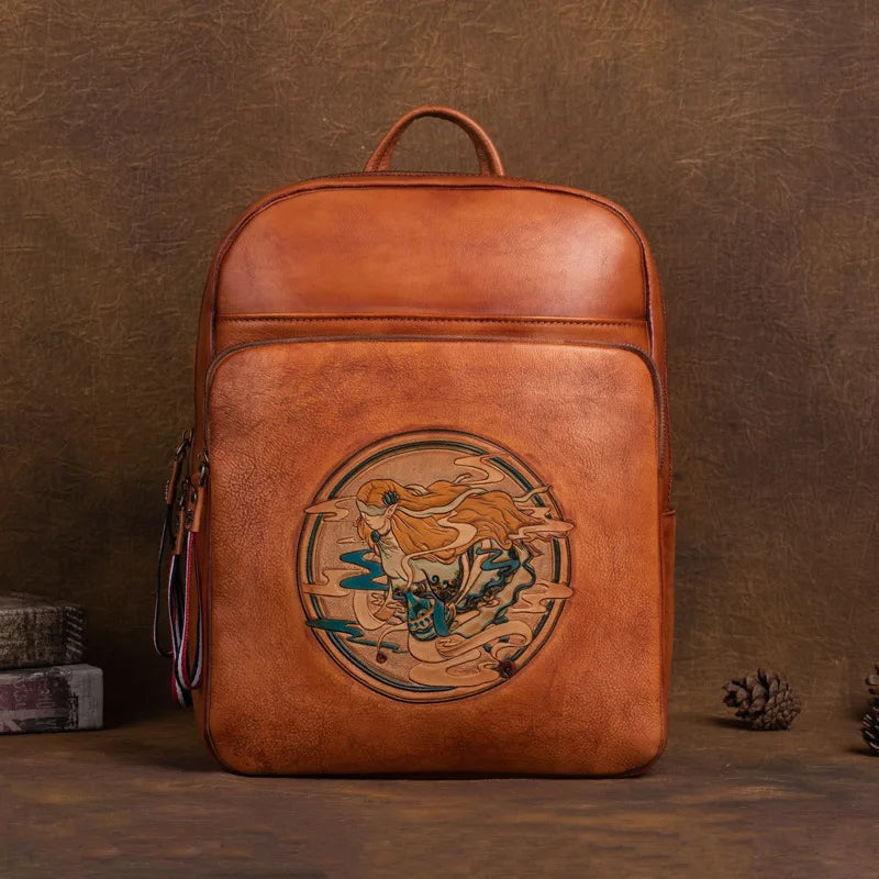 Westal Handmade Carved Backpack Large Capacity Cowhide Leather Vintage Laptop Backpack Genuine Leather Backpack Woman