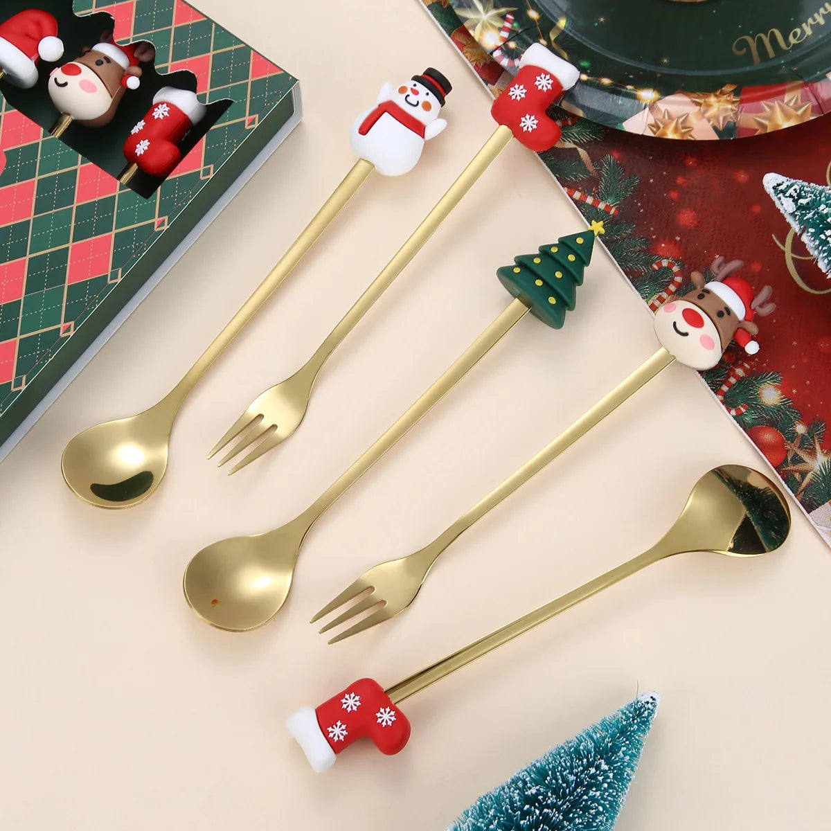Creative Stainless Steel Spoon Fork Children's Cutlery Set Cute Christmas Coffee Stirring Spoon Gold Cutlery Set