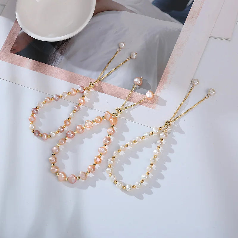Minimalist 14K Gold Plated Bracelet Adjustable Three Colors Bracelet Baroque Fresh Water Pearl Bracelet for Women