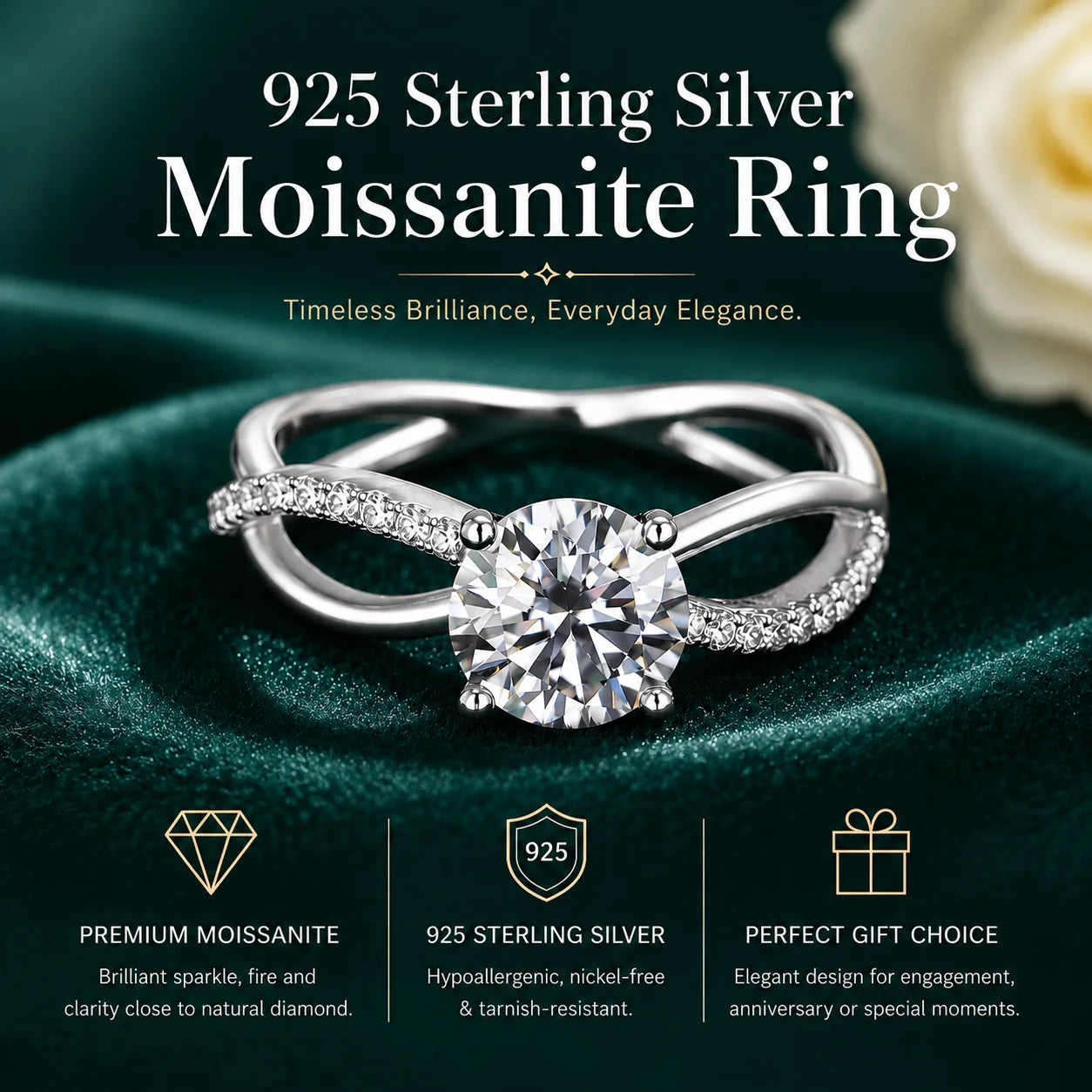 VVS1 D 925 Silver 1CT Platinum Plated Brilliant Cut Prong Setting Luxury Custom Unique Engagement Moissanite Diamond Rings