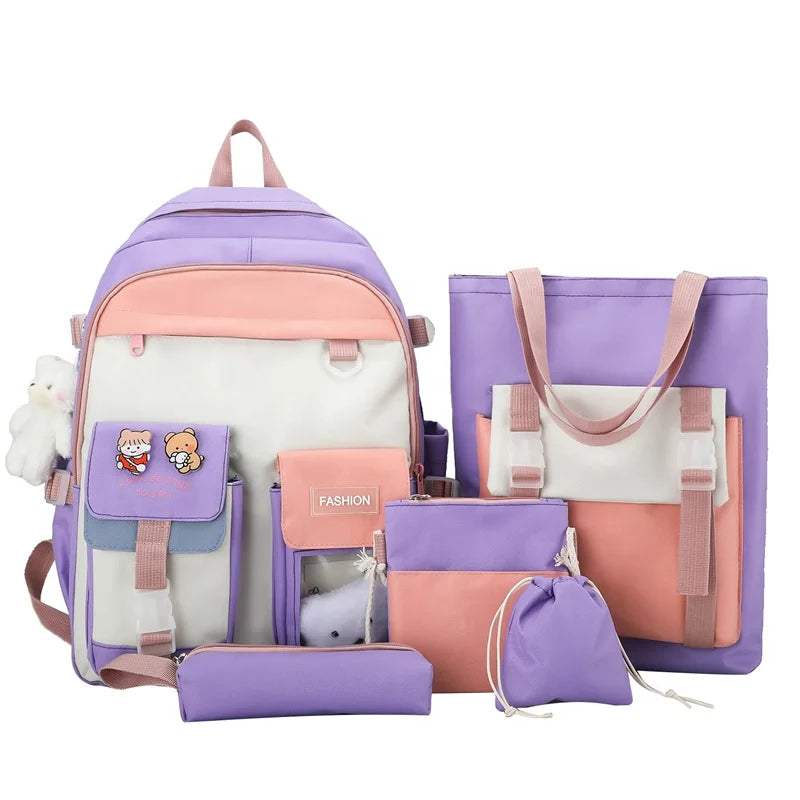 ODM/OBM New Fashion School Book Bag for 5 Piece Student School Bag Set Cute College Backpack Set for Teenagers