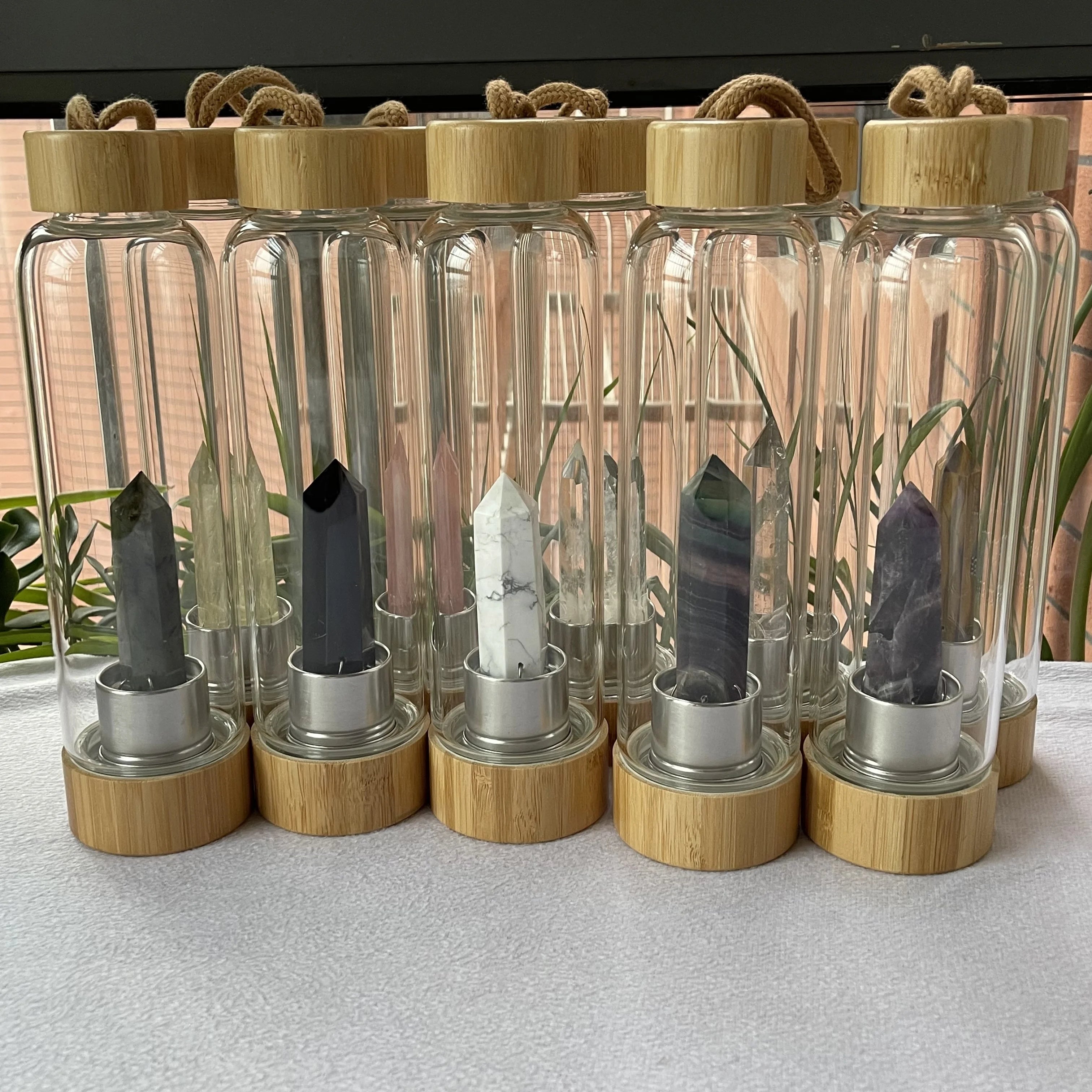 Natural Healing Water Bottles With Crystal Point Crystal Tower Glass Water Bottles