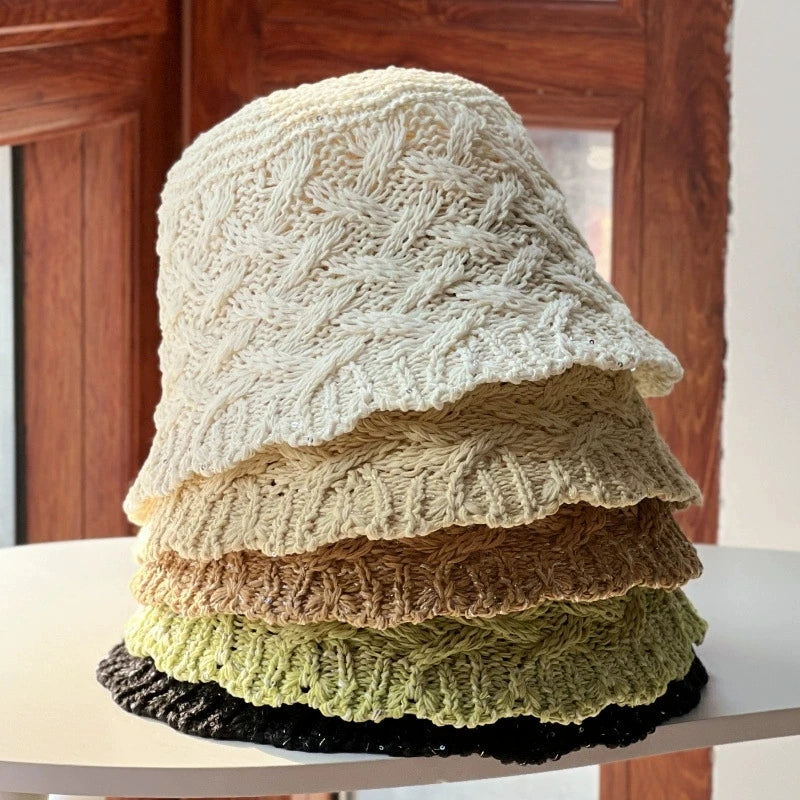 Small Female Han Joker Fisherman Wool Cap Winter Knitting Beanie with Basin and Bows Pattern Beach Wear Camouflage Design