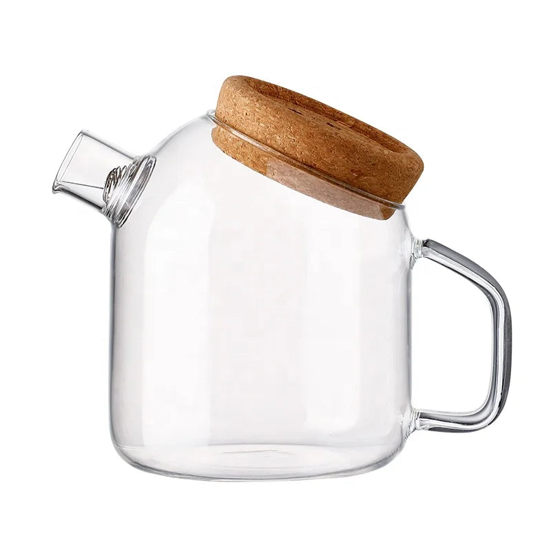 Creative Glass Teapot with Cork on Oblique Tip of Cylindrical Cold Kettle