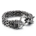 KALEN 220mm Mens Punk Stainless Steel Wolf Head Charm Byzantine Link Bracelet