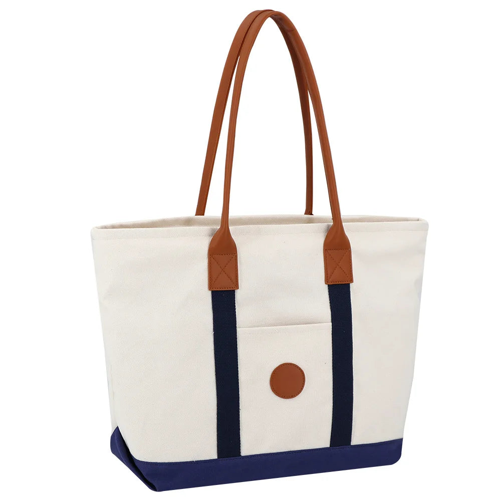 Heavy Duty Cotton Canvas Tote Shop Bag with Leather Handle Custom Natural Shopping Grocery Handle Bags