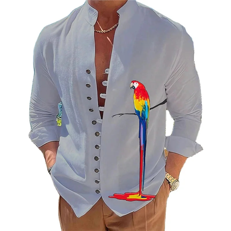 RNSHANGER Autumn Parrot Printing Men Shirts Fashion Long-Sleeved Solid Color Stand-Up Collar Casual Shirt Beach Breathable Shirt