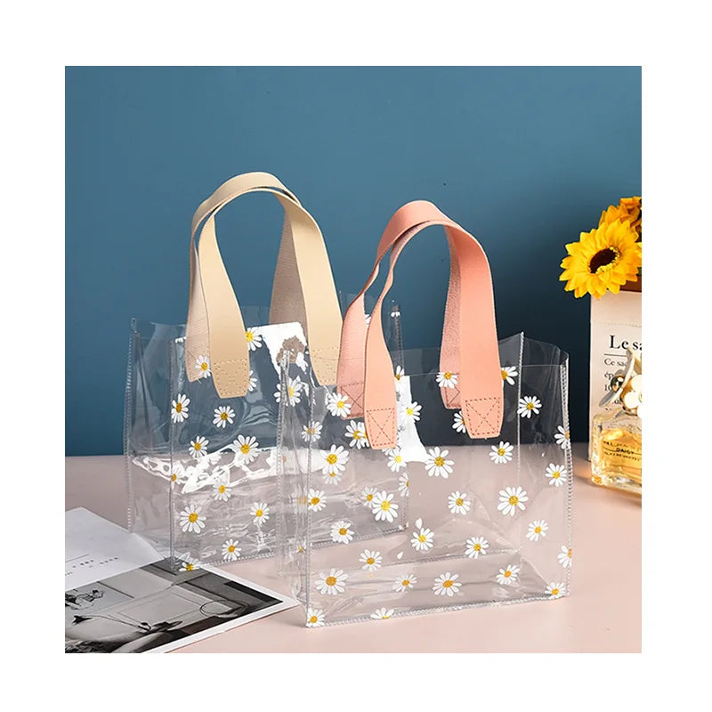 Custom Transparent Clear PVC Shopping Tote Hand Bag Eco-Friendly Make-Up Flower Plain Printing for Gift Usage