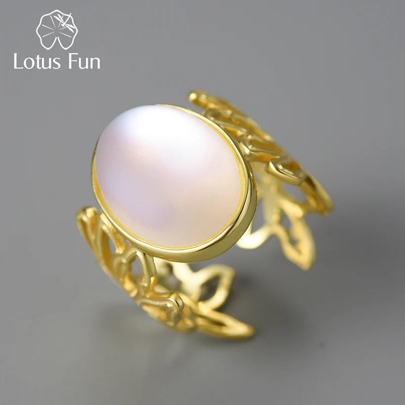 Lotus Fun Handmade 18k Gold Plated Luxury Big Moon Stone Openwork Pattern Adjustable Ring Real 925 Sterling Silver Fine Jewelry