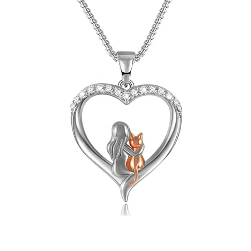 GP82 Cute Animal 925 Sterling Silver Pendant Necklace Simple Design Cat Lover Jewelry with Zircon for Girls