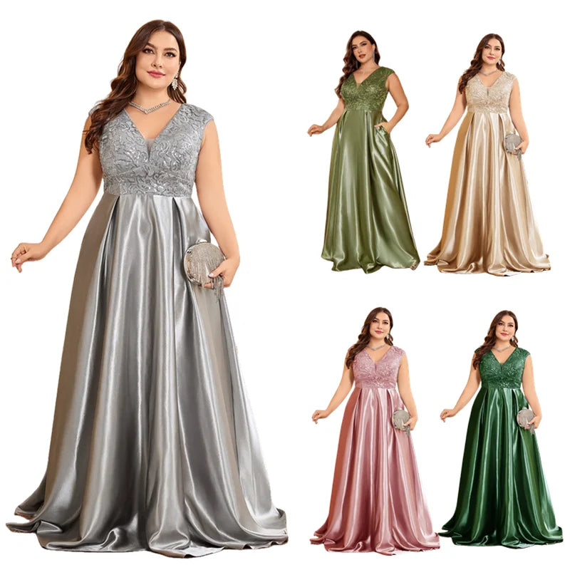 LY2483D Luxurious Plus Size Evening Dresses for Women Sleeveless V-neck Satin Lace A-line Wedding Dresses for Bridesmaid Dress