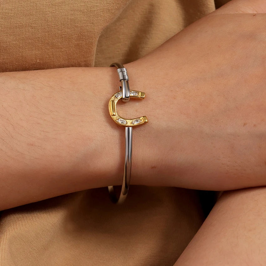 Vintage Stainless Steel Horseshoe Bangle Gold Silver Jewelry Horse Equestrian Bracelet Zircon Horse Bangle