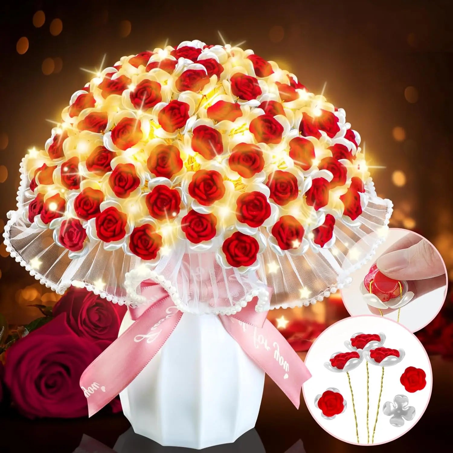 Valentines DIY Craft Roses Bouquet 99 Pack Artificial Flowers Flocked Rose Kit Plastic Vase Romantic Handmade Gift Anniversary