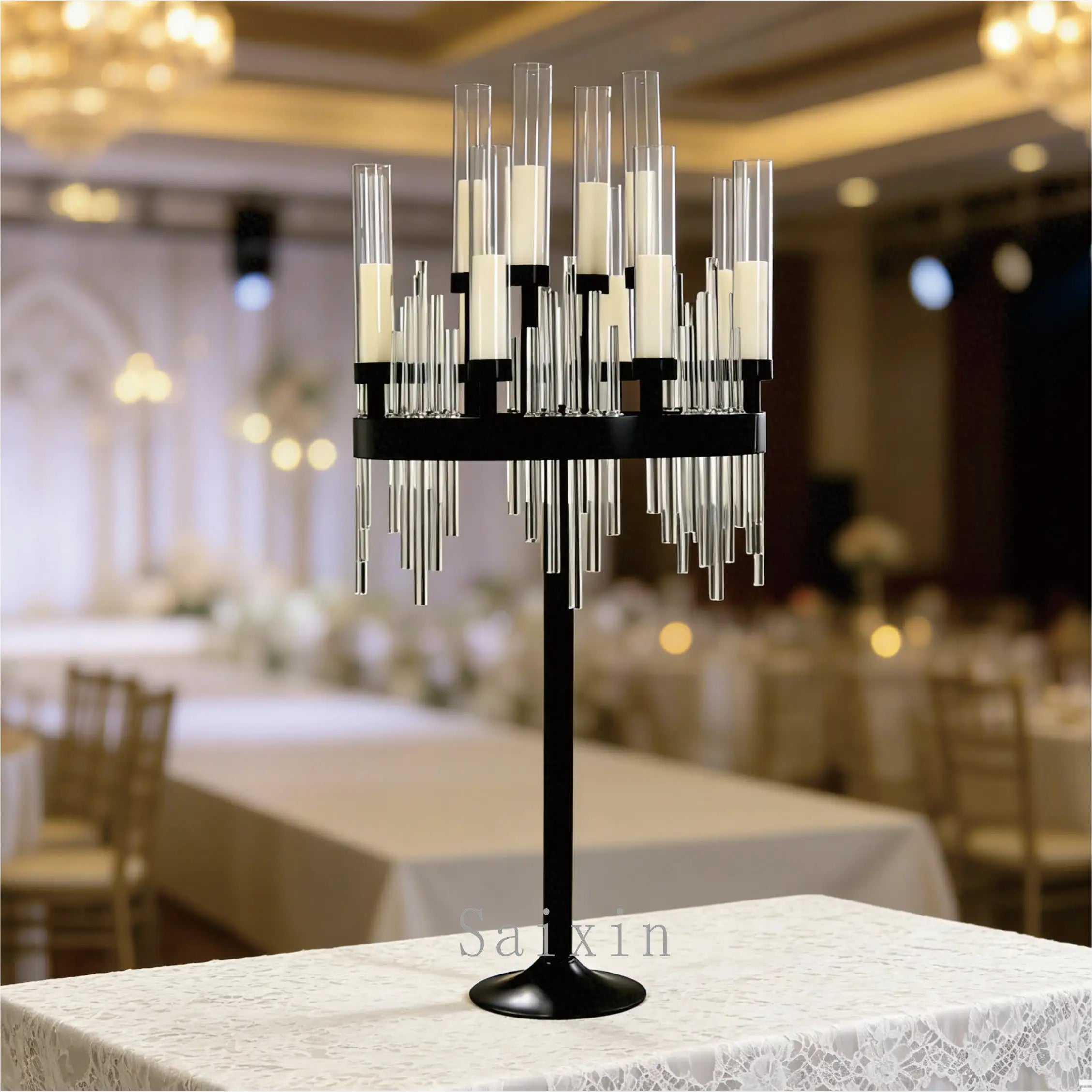 Saixin Custom Large Black Metal & Crystal Tube Multi-Candle Candelabra Stand for Wedding Reception Table Centerpiece Decoration
