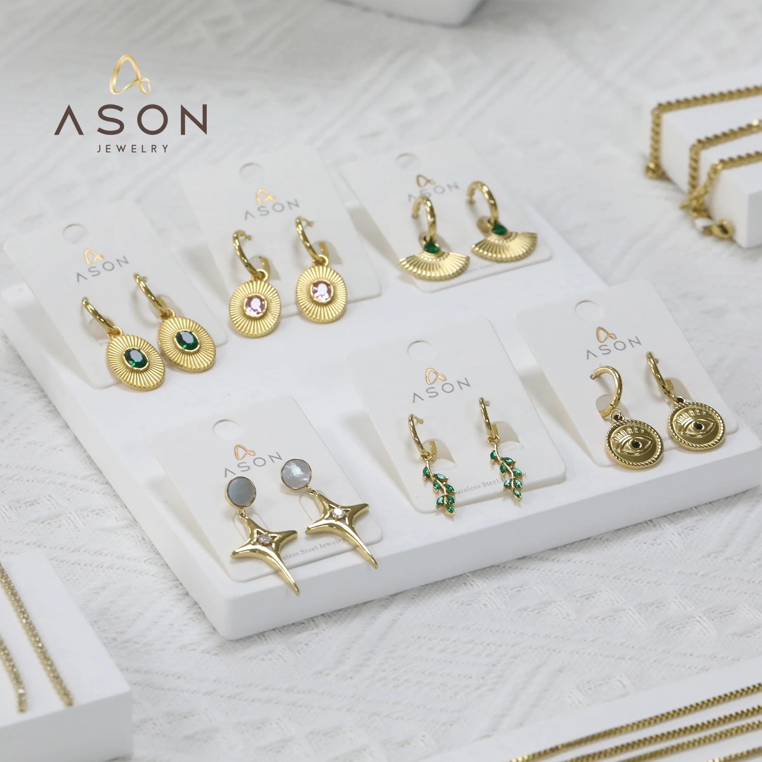Ason Fashion Jewelry Eyes Star Leaf Drop Earrings Oval Sector Green Pink Zircon 18K Gold Plated Stainless Steel Hoop Earrings