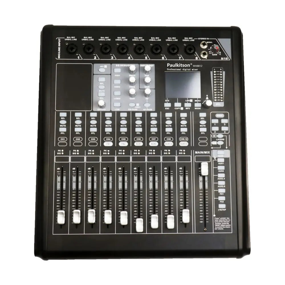 Paulkison MX8812 Digital Audio Mixer Touch LCD Display Karaoke DJ Sound System Professional Soundcard Black Metal+Plastic