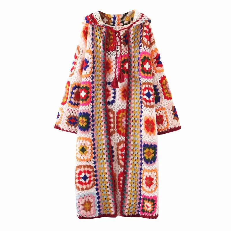 Wholesale 2026 Spring  Autumn Fashion New Casual Loose Handmade Crochet Hooded Long Sleeve Ethnic Jacquard Long Sweater Jacket