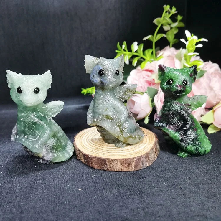Natural GemStone Animal Crystals Carving Craft Fluorite Sculpture Labradorite Flying Dragon