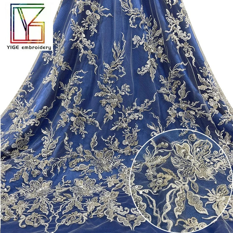 Bridal Bead Tulle Fabrics Luxury Heavy Beaded Fabric Women Sequin Lace Handmade Fashion Embroidered Pearl Lace Fabric
