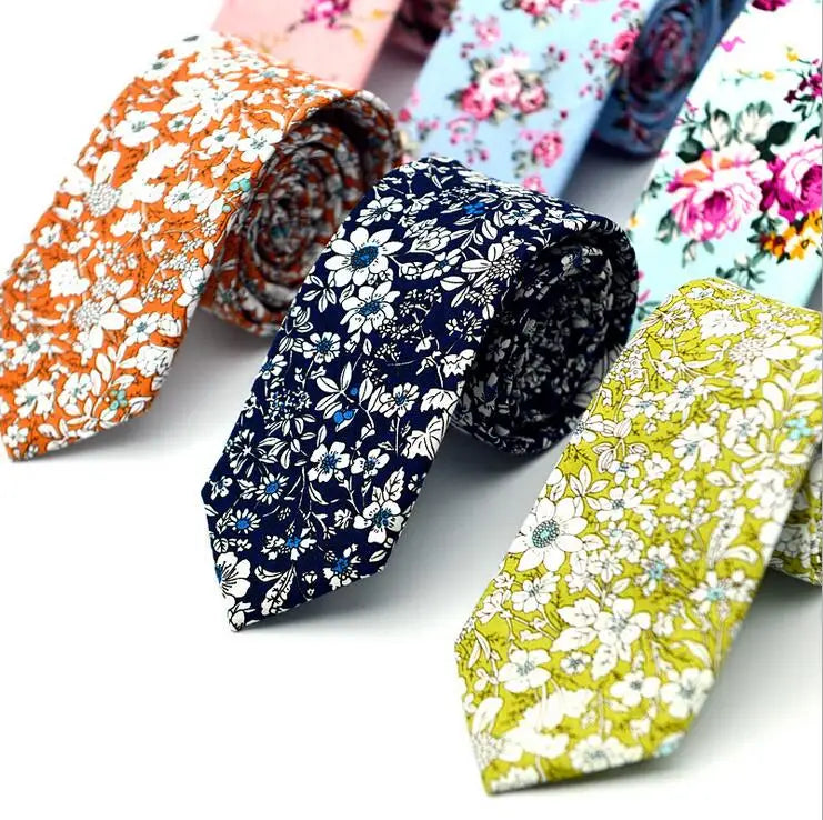 OEM ODM Custom Men's 100% Cotton Printed Floral Tie 2.36" Skinny Narrow Slim Necktie Various Designs