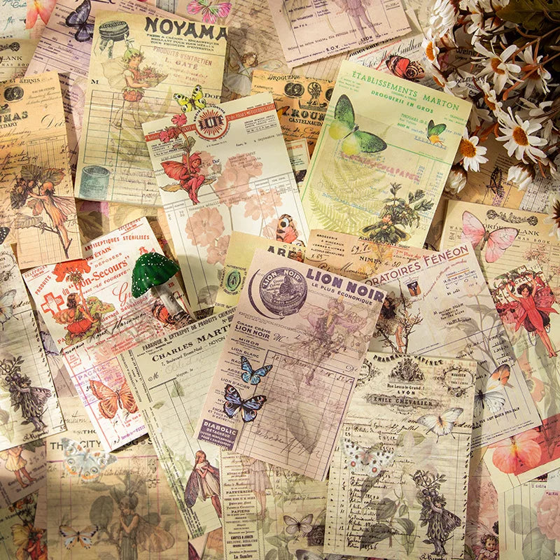 50 Pcs Flower Fairy Butterfly Material Paper Junk Journal Planner Scrapbooking Vintage Elves Ticket Decorative DIY Craft Paper
