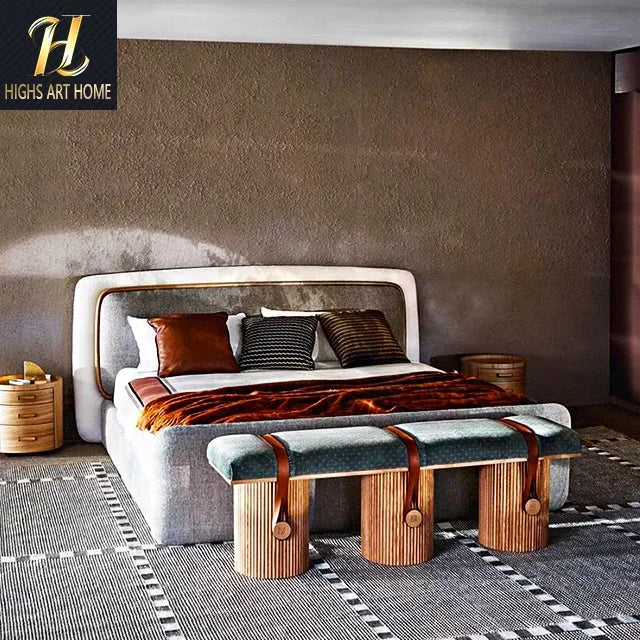High Quality Italian Luxury Leather Double Bed Master Bedroom Big Bed Villa Striped Patchwork Fabric Bed for Private Mansion