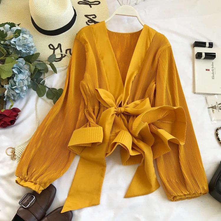 Spring Autumn Women V-neck Puff Sleeves Blouse Slim Tunic Tops Retro Vintage Pullovers Busos Para Mujer Kimonos