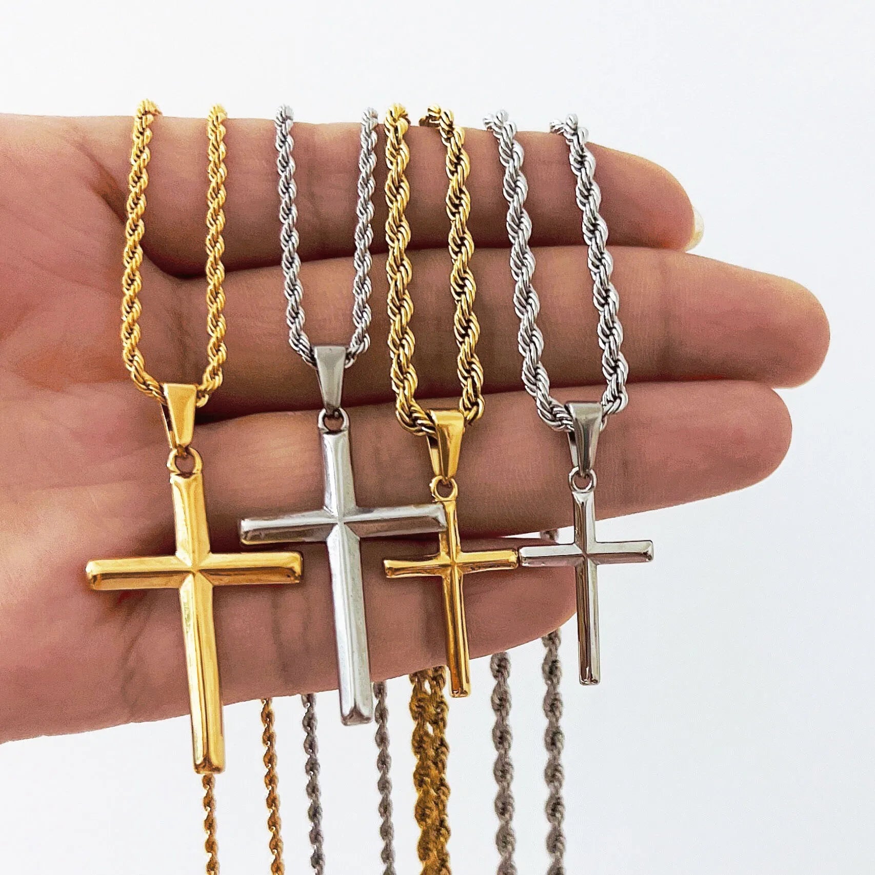 Gold Rope Chain Cross Pendant 32mm 25mm Stainless Steel Diamond Cut Religious Polished Beveled Edge Men Crucifix Cross Necklace