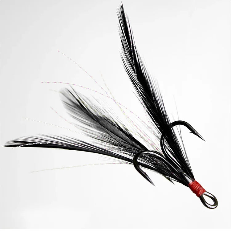 WEIHE 2#/4#/6#/8#/10# Red Black White Silk Bonding Fishing Treble Hook with Feather
