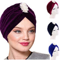 Wholesale Custom Logo Muslim Beaded Jewelry Head Wrap Turban Solid Color Elegant Velvet Turbans Arabic Hijab for Women