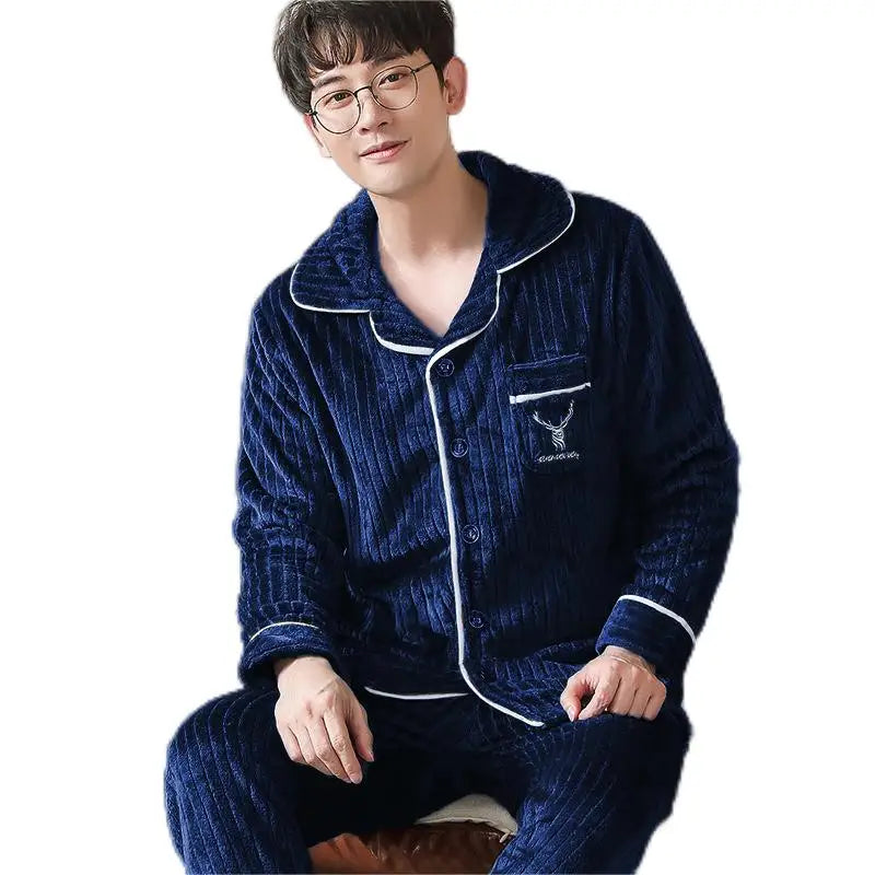 Autumn and Winter New Men's Pyjamas Coral Velvet Pijamas Men Fleece Pajamas Set Azul