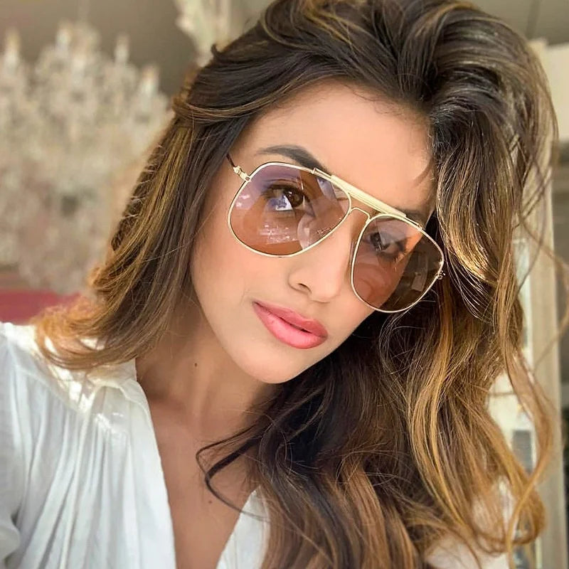 2022 Trendy Pilot Sunglasses Unisex Vintage Gold Metal Frame Oversized UV400 PC Lenses Eyewear Shades