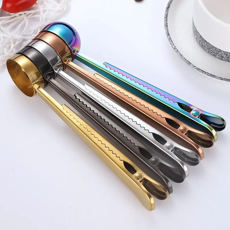 Kitchen Stainless Steel Herb Powder Scoop Gold Plated Tea Coffee Measure Spoon with Bag Clamp Clip 15ml Chufei