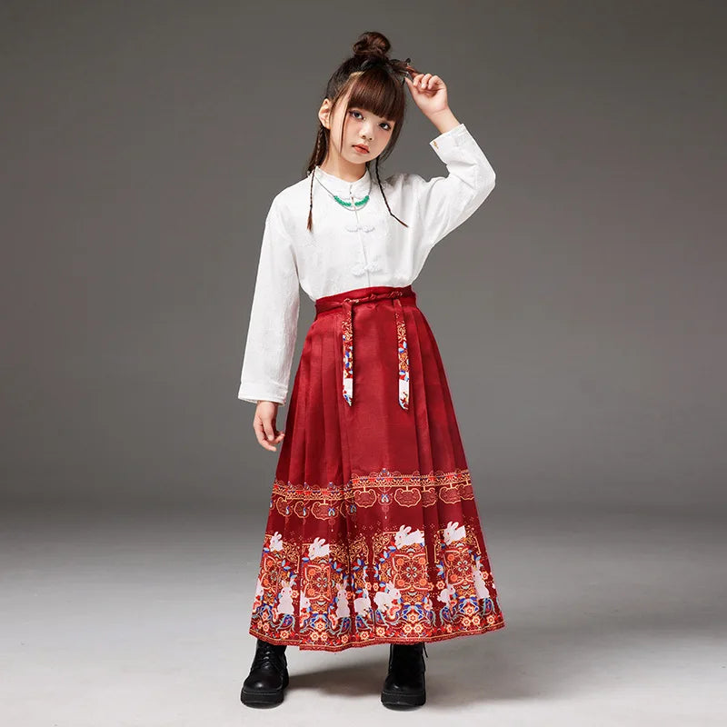 2024 Chinese Classical Dance Chorus Costume  Children's Chinese Style Performance Costume  Girl's Horse Skirt Boy's Costume