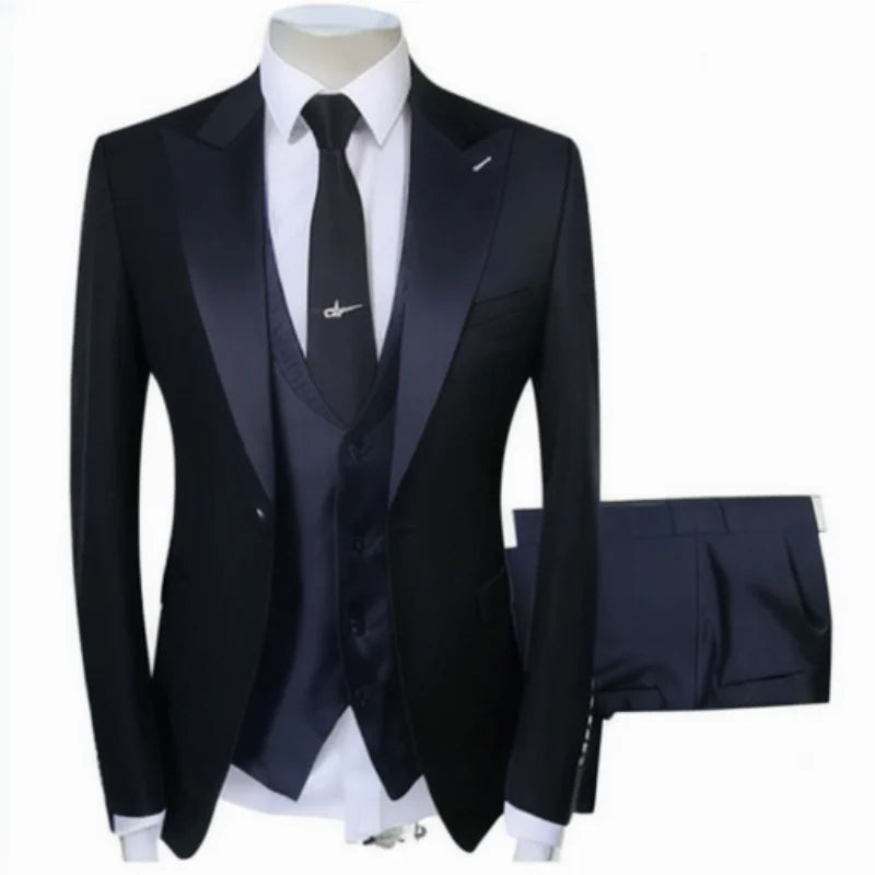 Black Navy Blue Wedding Man Suits for Groom Tuxedos Peaked Lapel Three Piece Jacket Pants Vest Formal Prom Suits Style Blazer