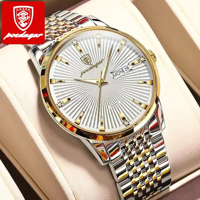 POEDAGAR 994 Mens Luxury Fashion Business Wristwatches Stainless Steel Strap Waterproof Quartz Watches for Mens