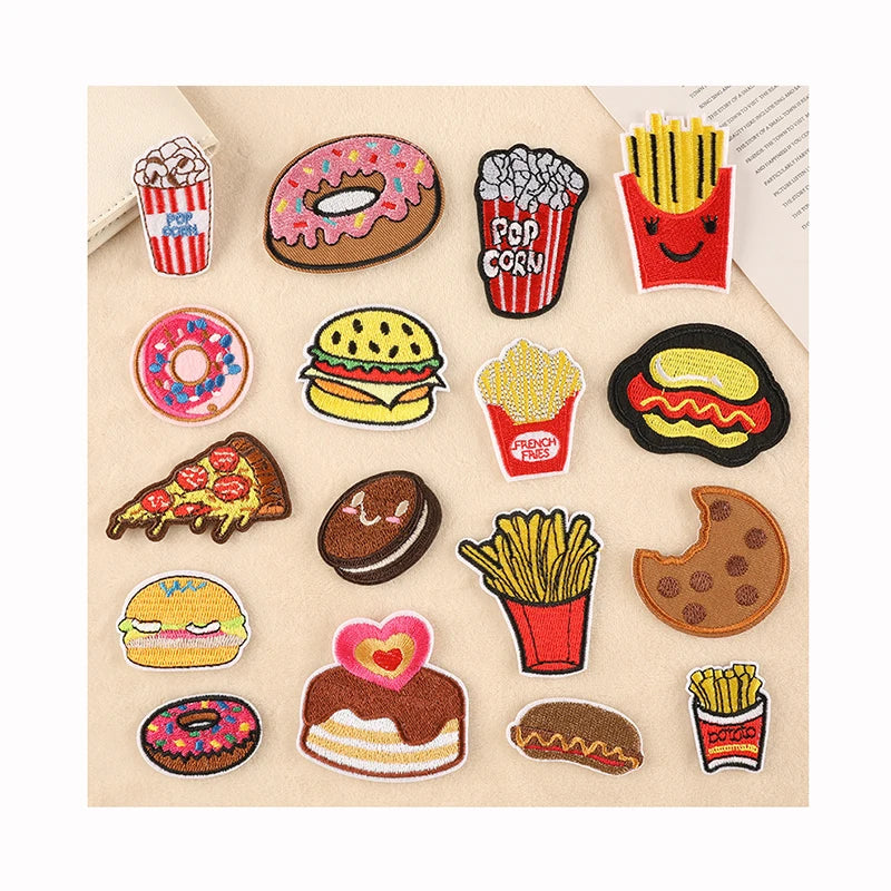 Cartoon Hamburger Fries Donuts Embroidered Patches for Hats Clothing Jeans Shoe Bags Decoration Hot Melt Adhesive Fabric Main