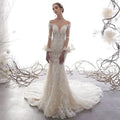 3410# Luxury Flare Sleeve Mermaid Wedding Dress 2022 Illusion Scoop Neck Appliques Bridal Gown Lace Beading Pearls Sweep Train