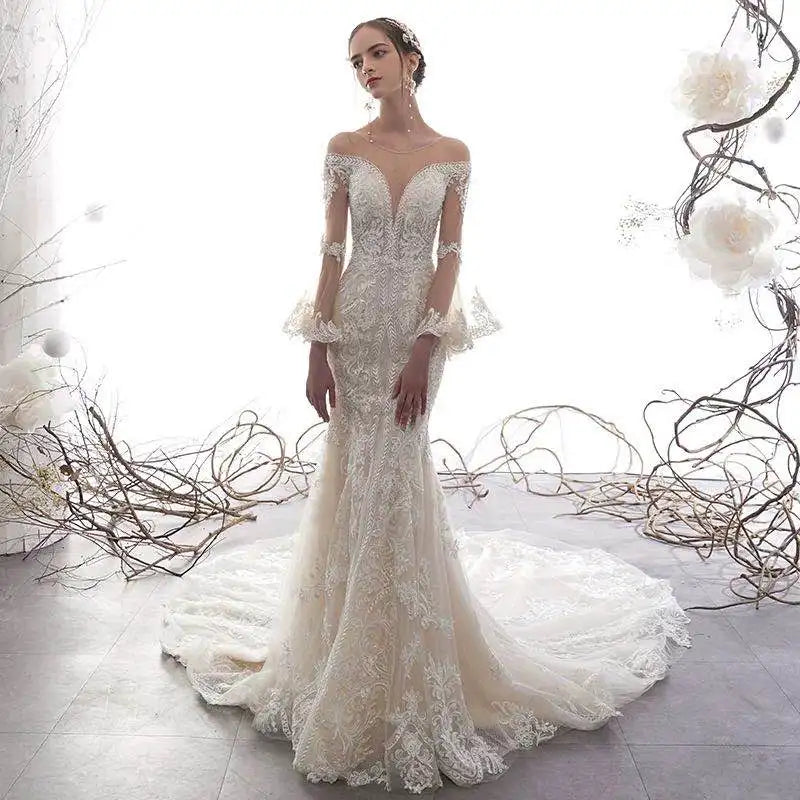 3410# Luxury Flare Sleeve Mermaid Wedding Dress 2022 Illusion Scoop Neck Appliques Bridal Gown Lace Beading Pearls Sweep Train