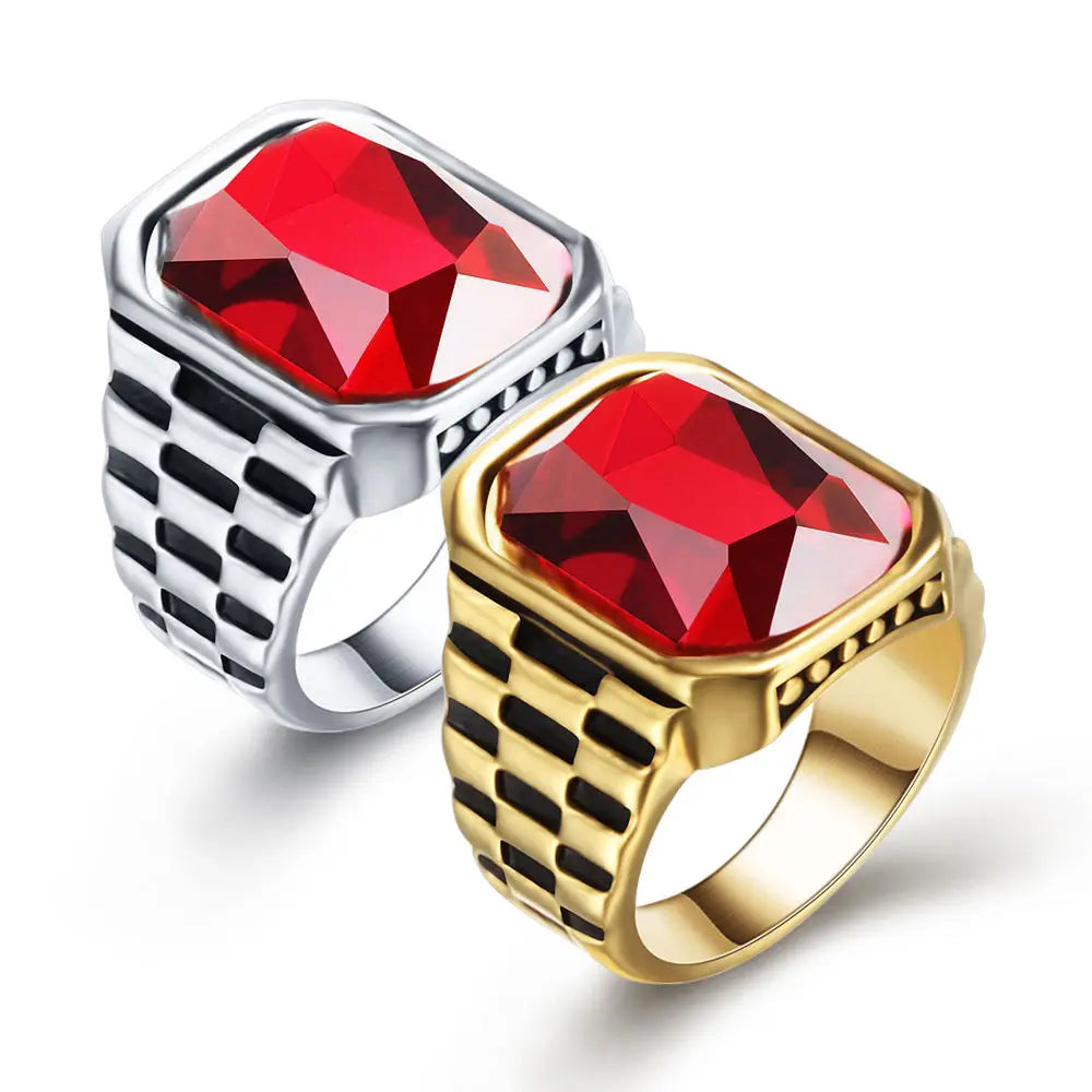 Zhongzhe Luxury Stone Rings  Man Punk Rings Vintage Ring 316L Stainless Steel Plated 18k Gold Red Gem Stone Fashion Men Jewelry