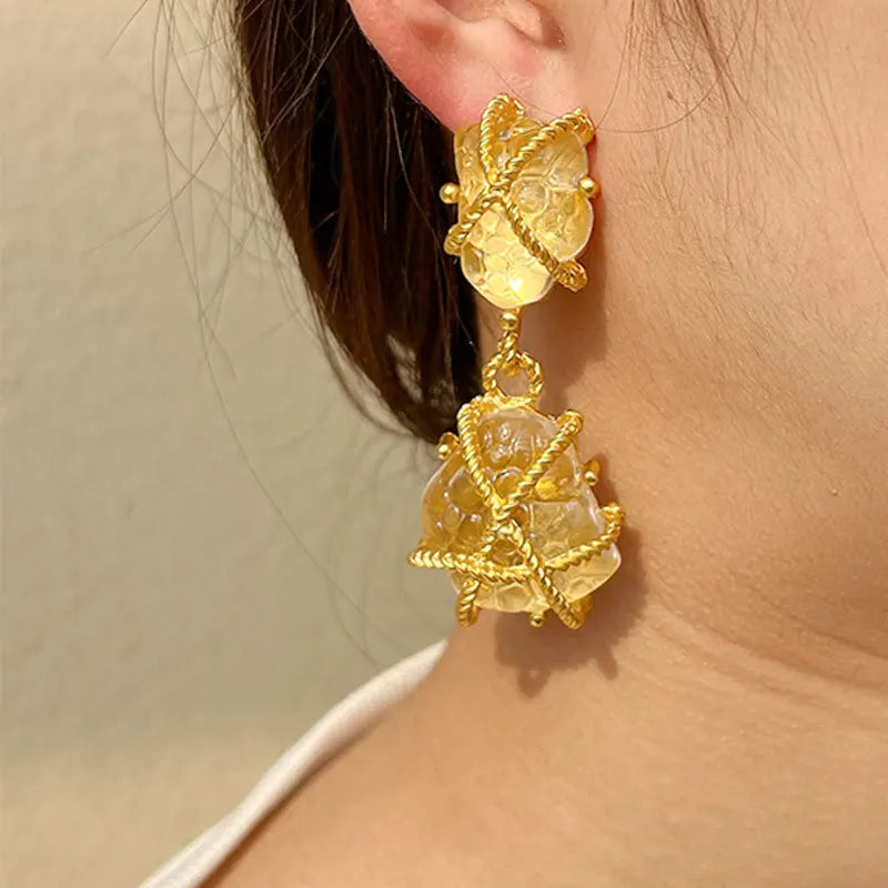 Personality Gold Plated Natural Stone Dangle Earrings Irregular Gold Resin Statement Earrings for Women