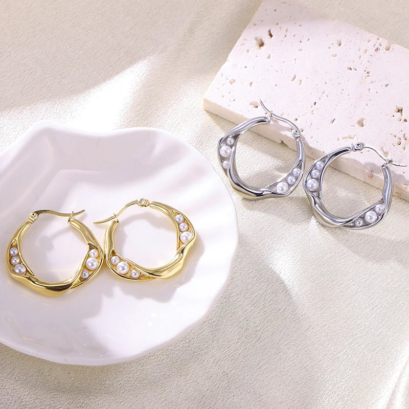 Advanced Design Sense Pearl Hoop Earrings Geometric Circle Stainless Steel Large Hoop Earrings