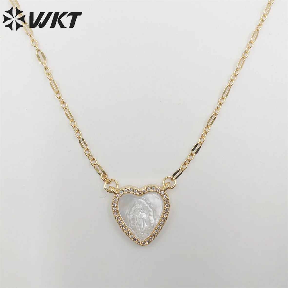 WT-JN219 WKT Lovely Heart Shell Necklace Gold Electroplated Micropaved Cubic Zircon Setting Lady of Guadalupe Charm Necklace