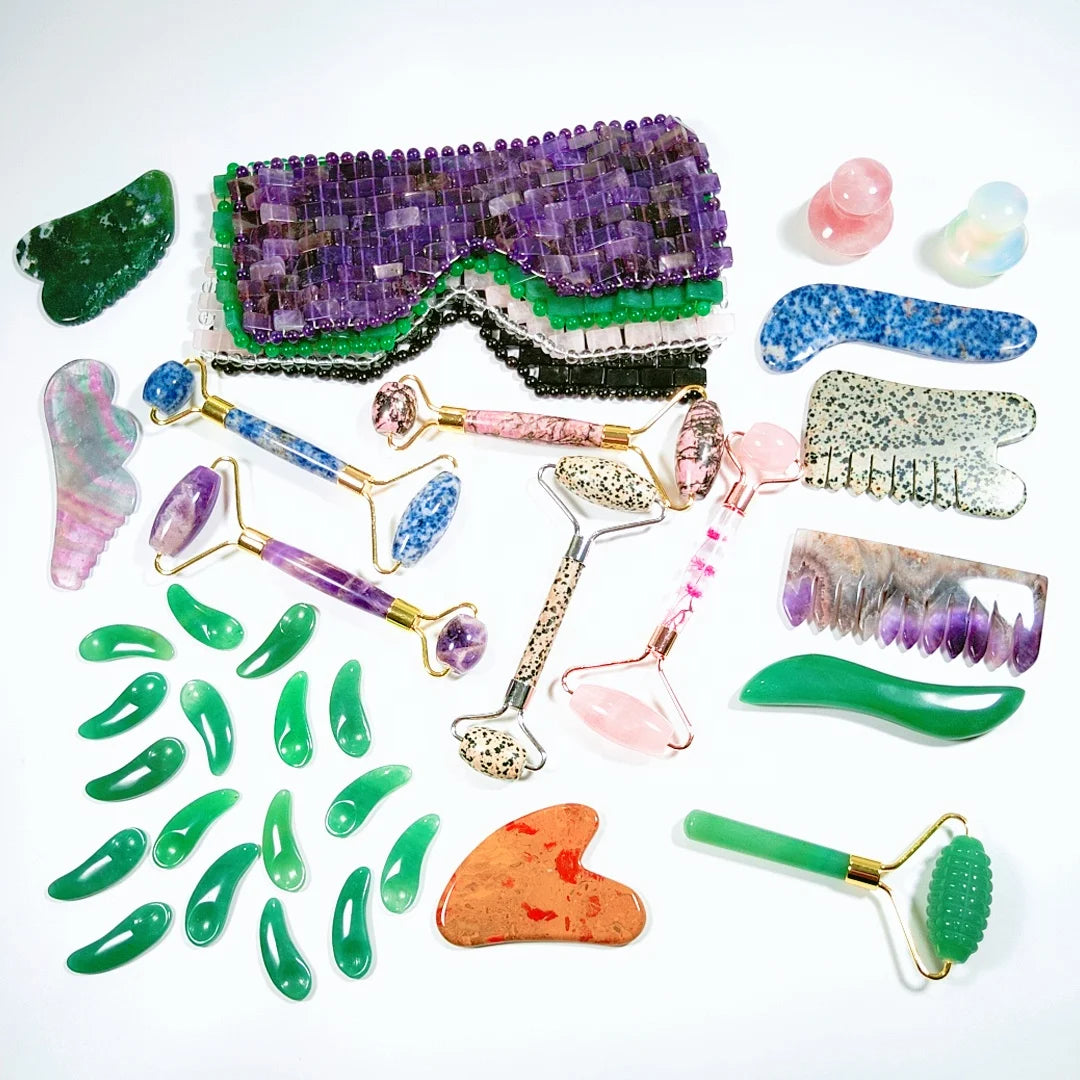 DIY Chinese Factory Carnelian Fluorite Spiky Shape Gua Sha White Royal Jade Roller and Stone Ready to Ship