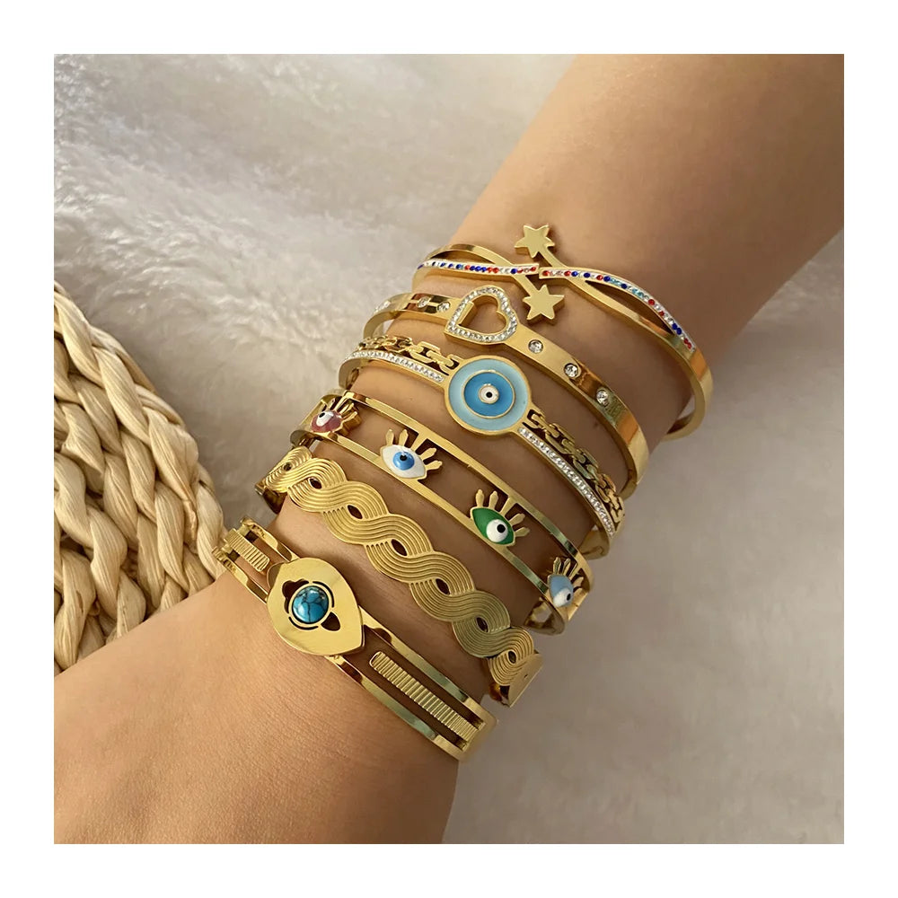 New Multi Design Anti Tarnish 18k Gold Plated Stainless Steel Devil Eye Jewelry Bangles Women