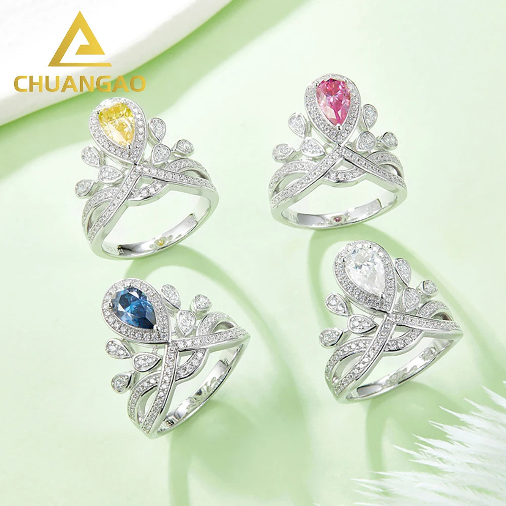 925 Silver Moissanite Ring for Women Fashion Jewelry with Blue Yellow Pink White Pear Classic Style